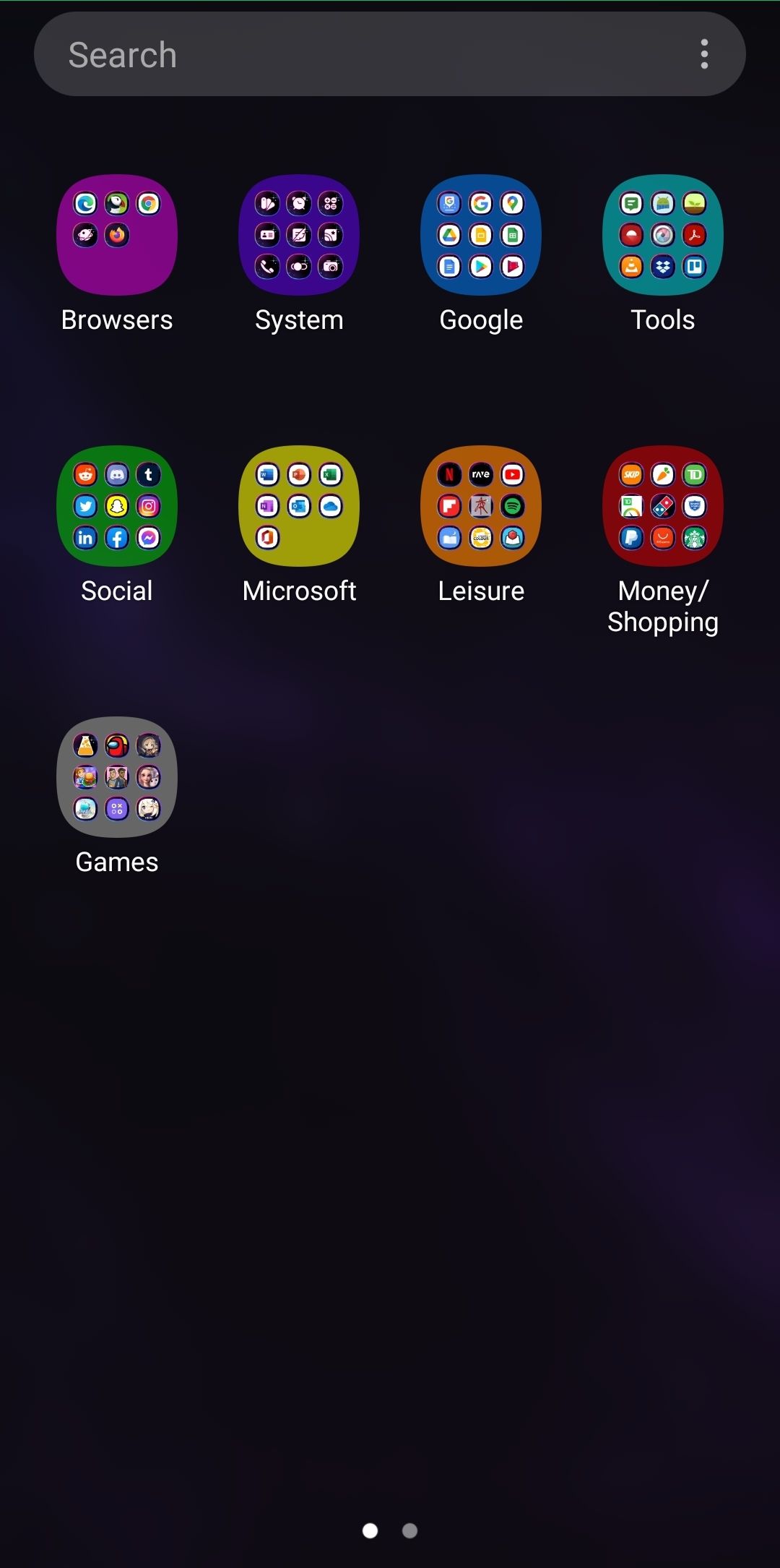 the Apps screen, color-coded with folders