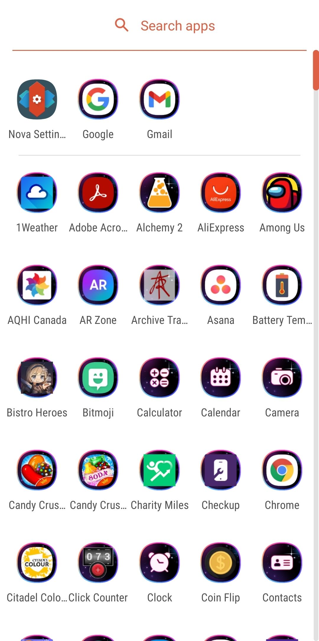 the scrollable apps screen in Nova Launcher