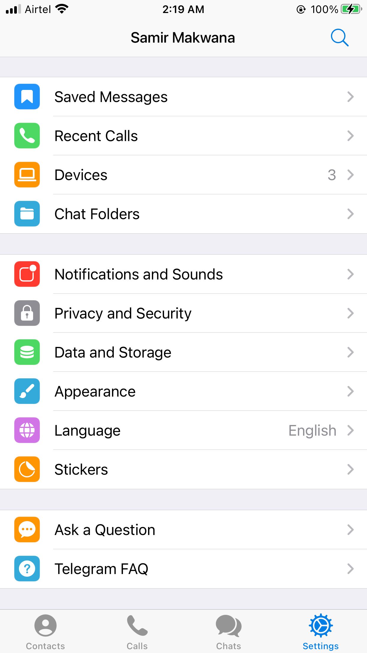 Tap on Privacy and Security in Telegram Settings on iOS