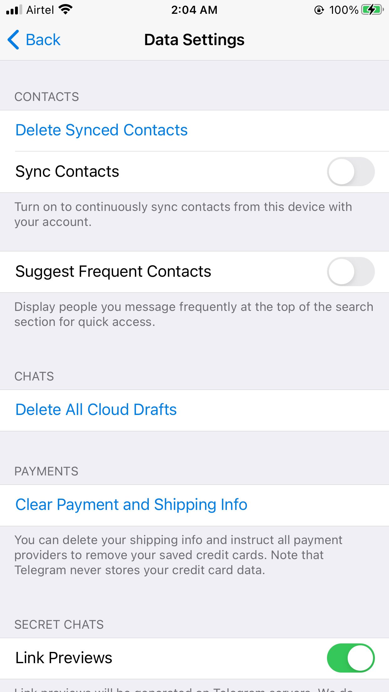 Toggle Off Sync Contacts in Telegram iOS