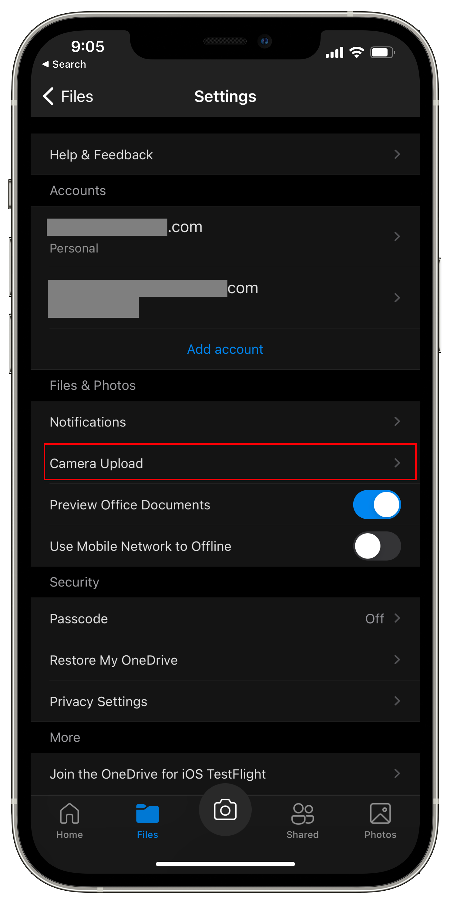 Open Camera Upload Settings OneDrive iOS