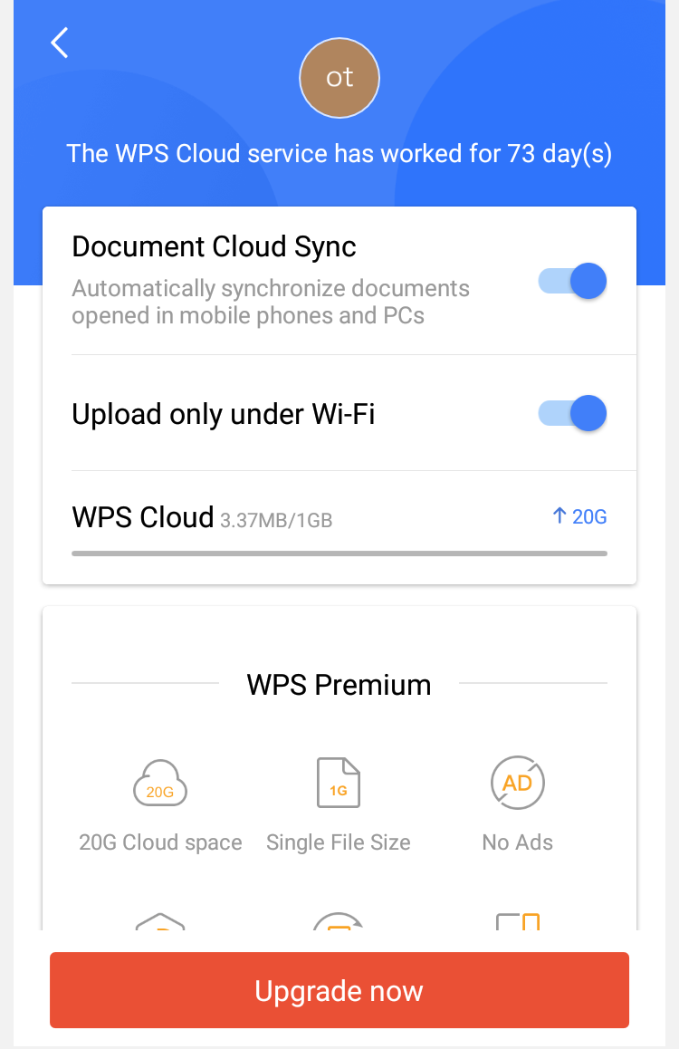 Turning on cloud syncing in WPS Office app