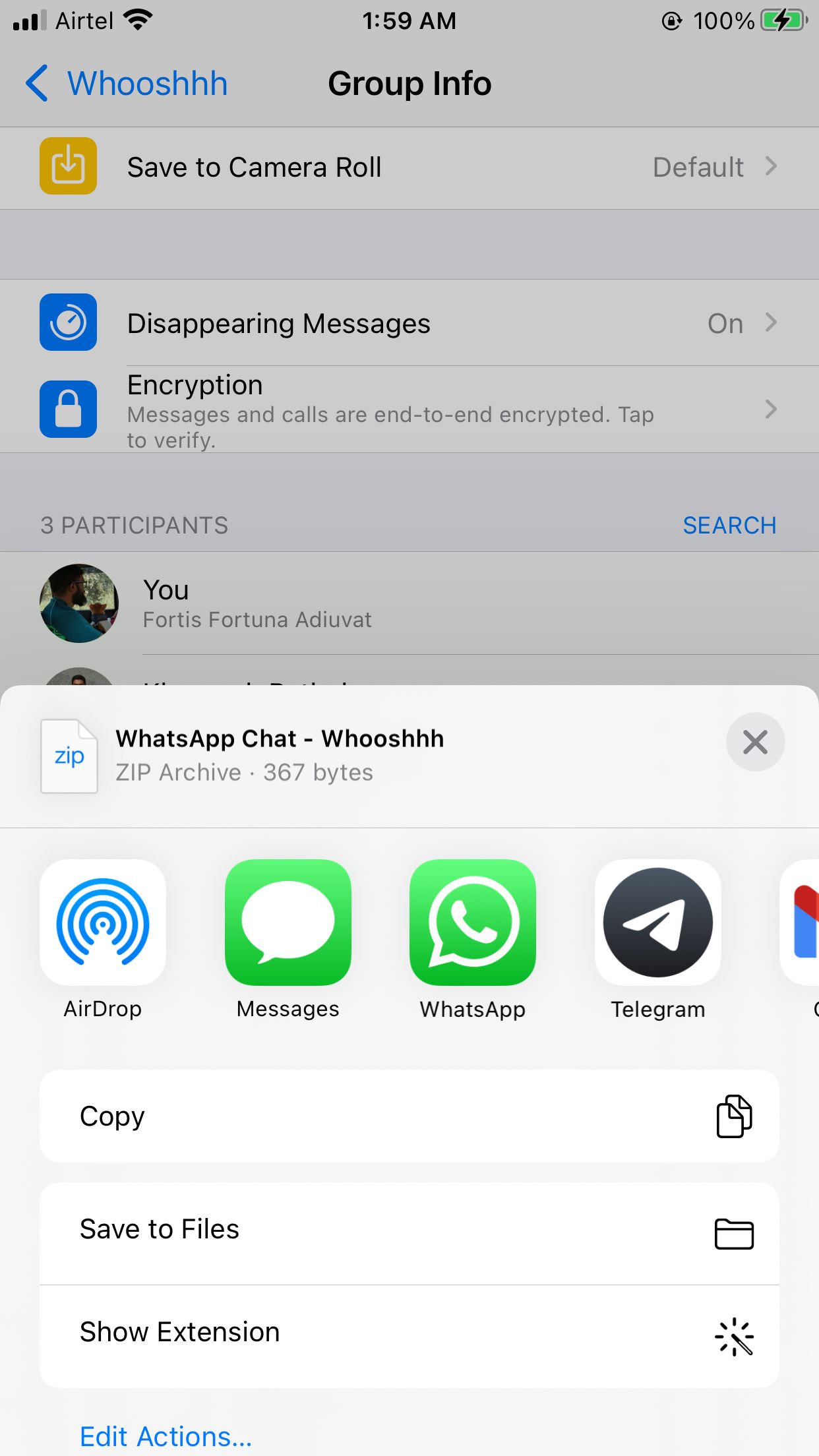 WhatsApp Group Chats Transfer Share Sheet for Telegram on iOS