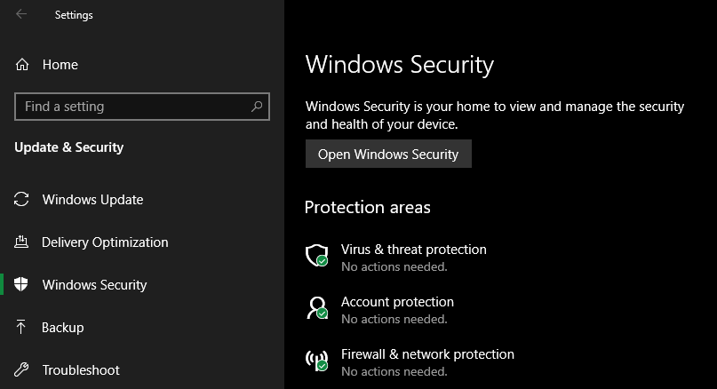 Windows Security in Windows 10 Settings