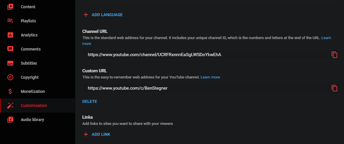 گزینه های URL کانال YouTube