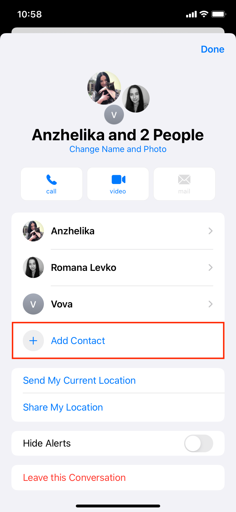 how to add new contacts to an iMessage group on iPhone