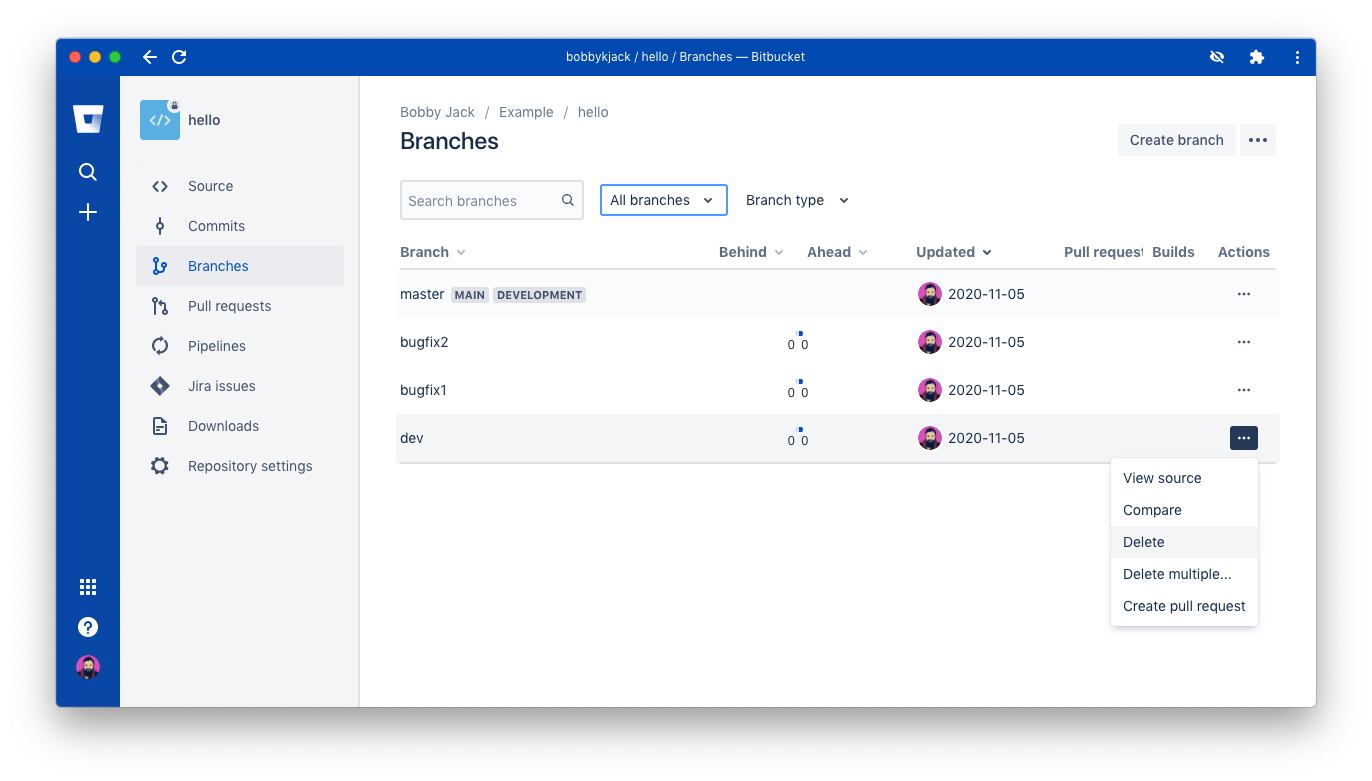 A screenshot showing a Branch Actions menu on Bitbucket