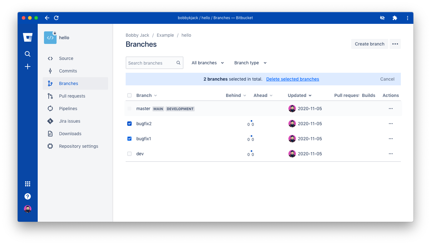 A screenshot showing multiple branches being deleted on Bitbucket