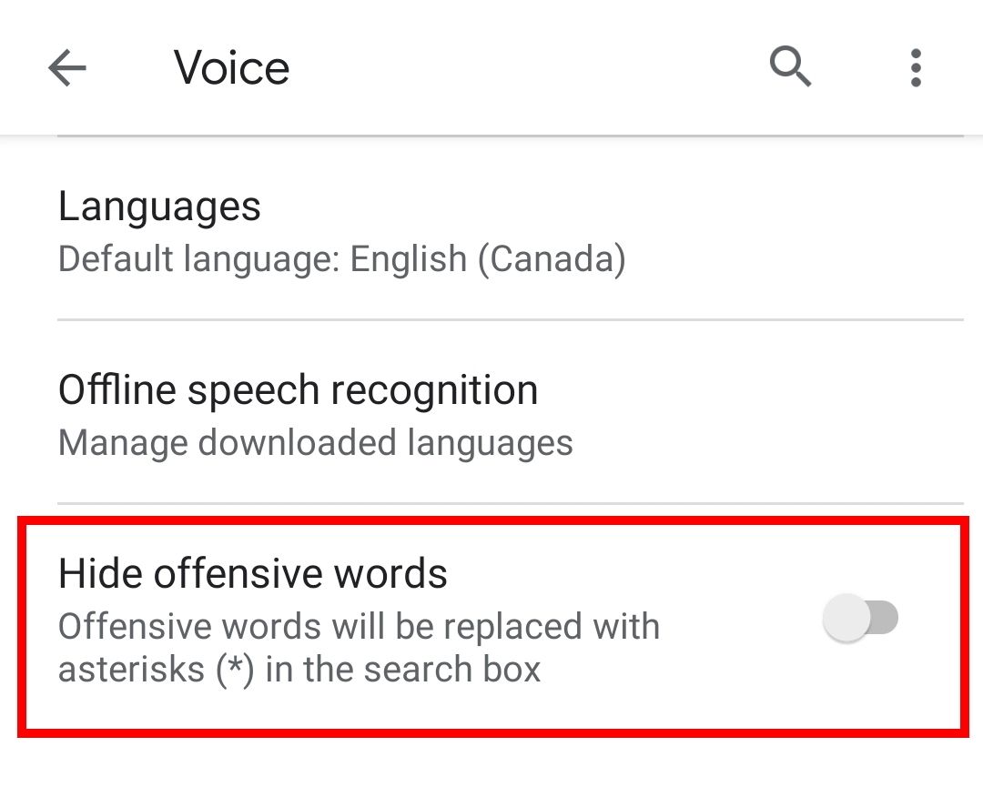 Hide Offensive Words is highlighted in the Bixby Voice menu