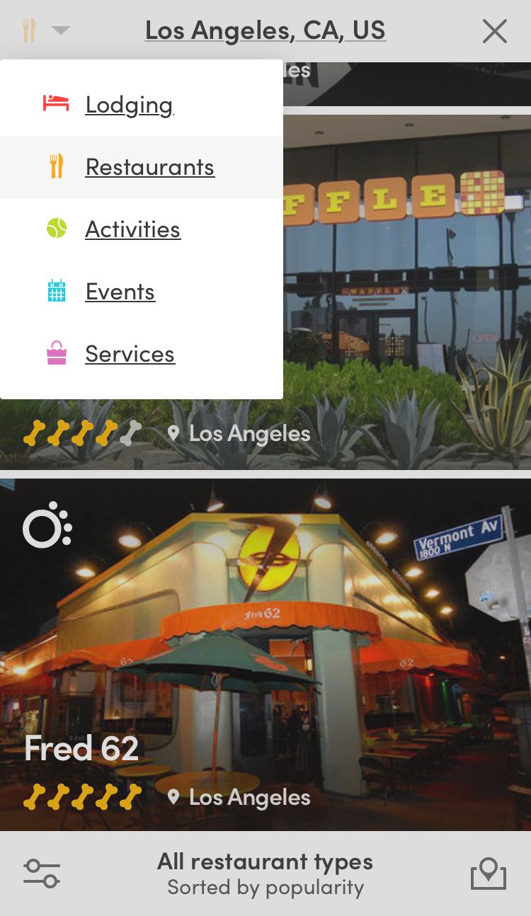 Restaurant search results in Bring Fido