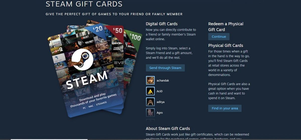 Buying digital Steam gift cards through your account in browser