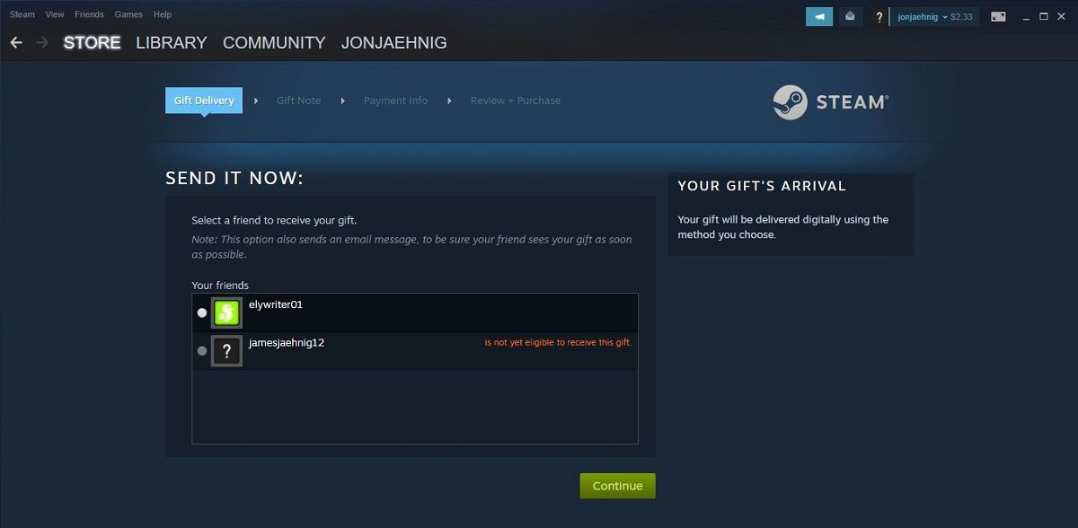 Sending gifts to friends on Steam.
