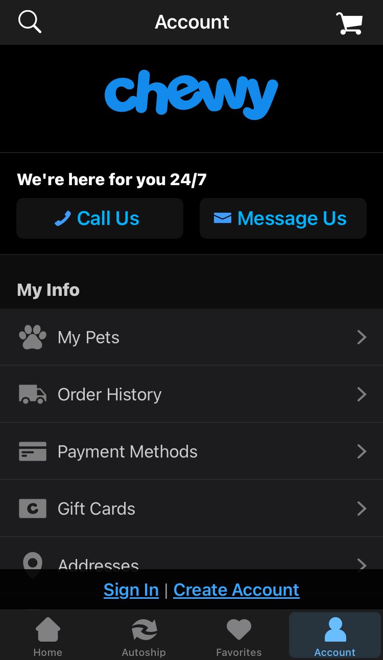 Chewy home screen with order and customer service information