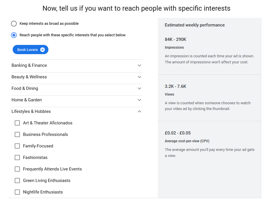 Choose Interests for Google Ad