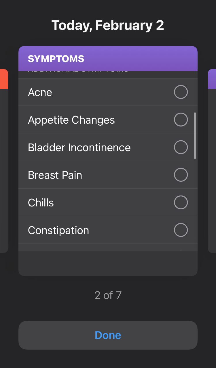 Menu within the apple health cycle tracking function that allows users to record symptoms