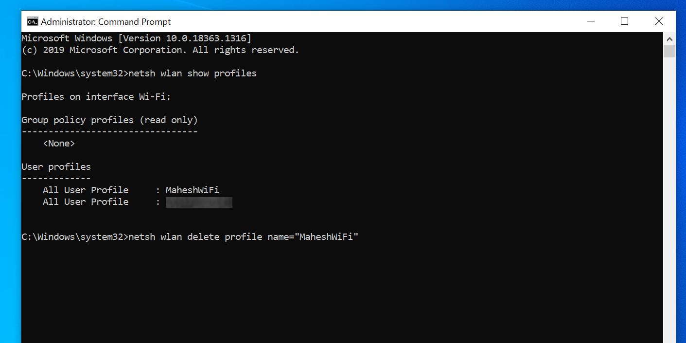 Delete a Wi-Fi network using the Command Prompt