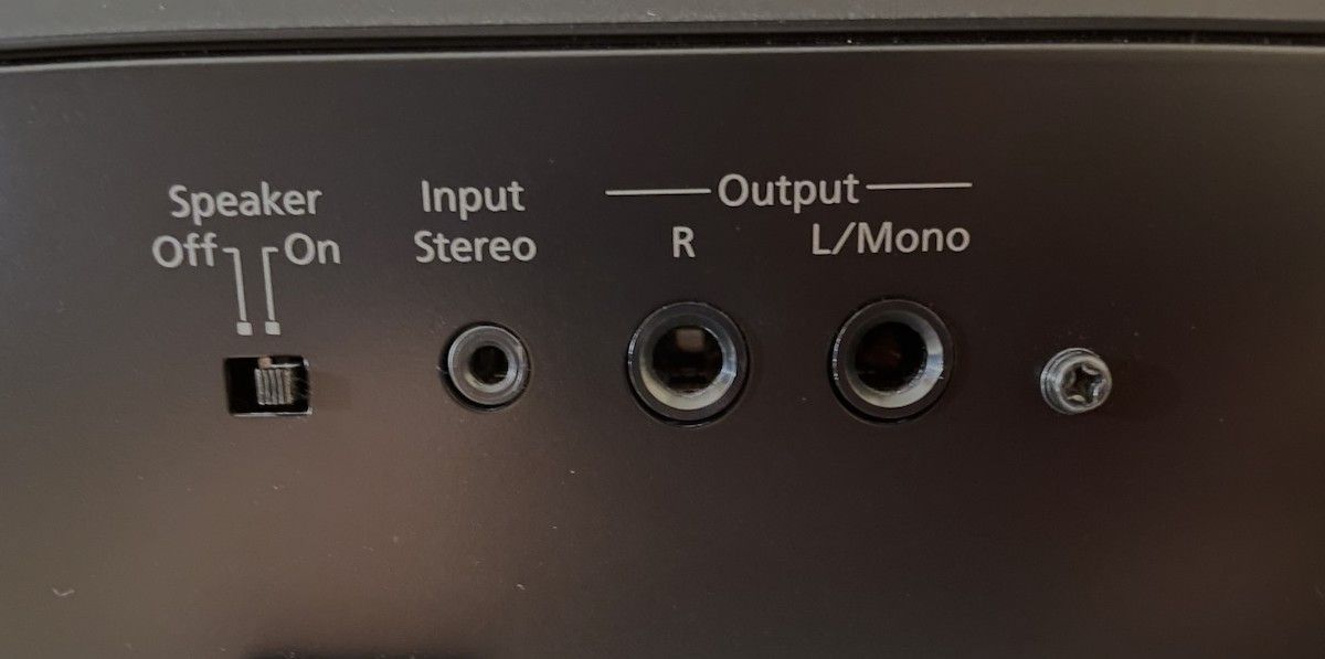 The input and output ports on a digital piano.