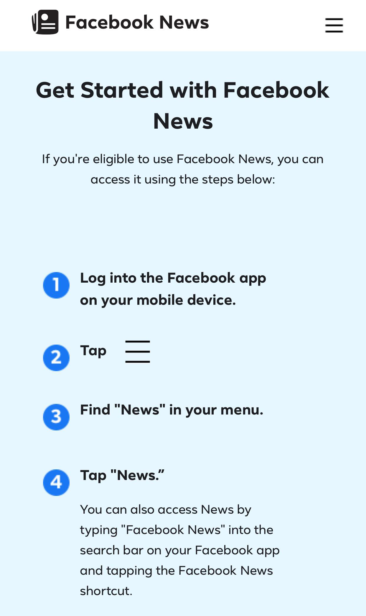 A screenshot of the Facebook News "Get started" page