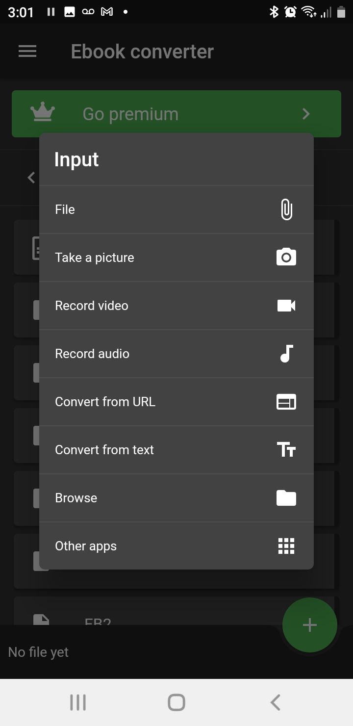 File Converter ebook input menu