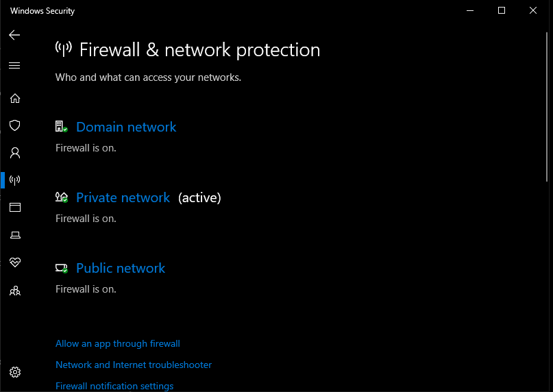 Windows 10 firewall settings