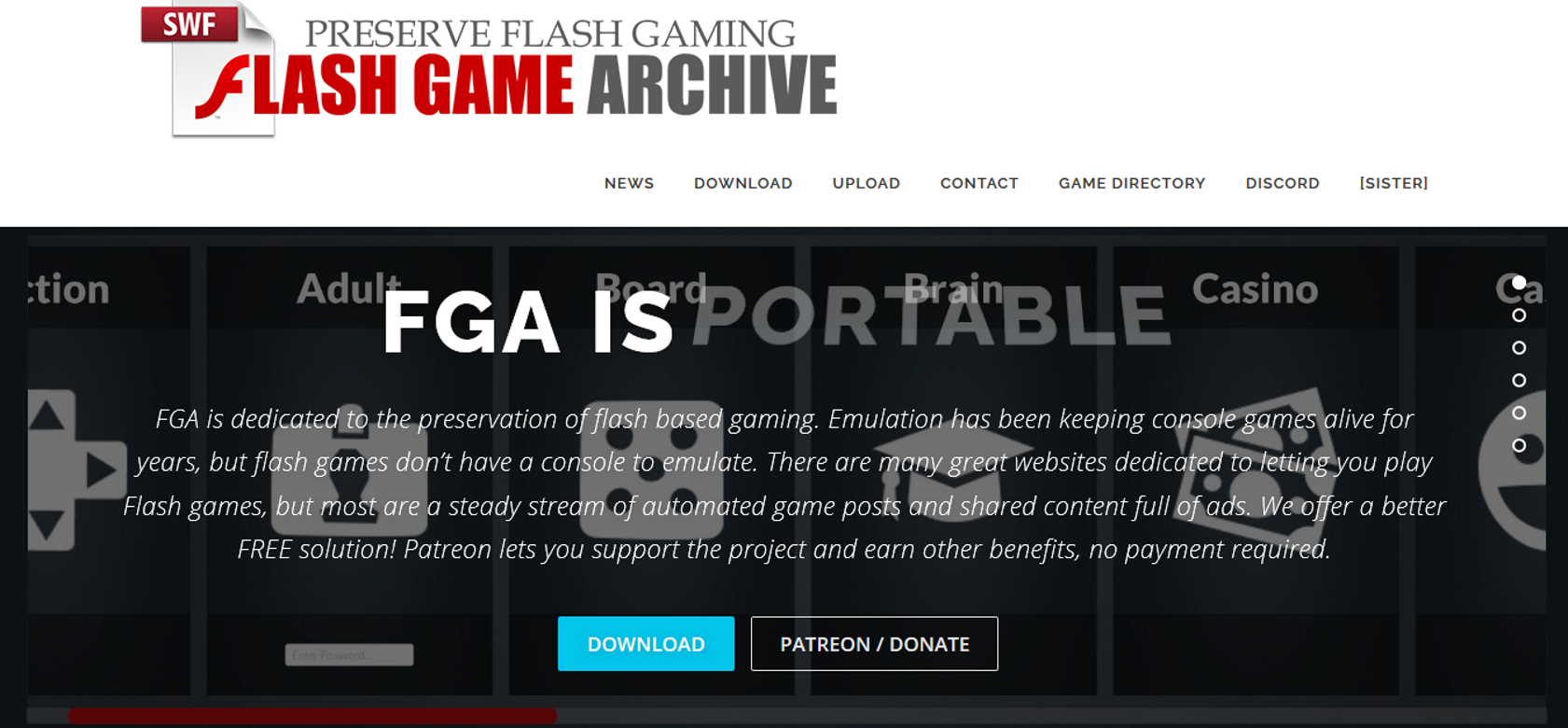 A screenshot of Flash Game Archive's home page
