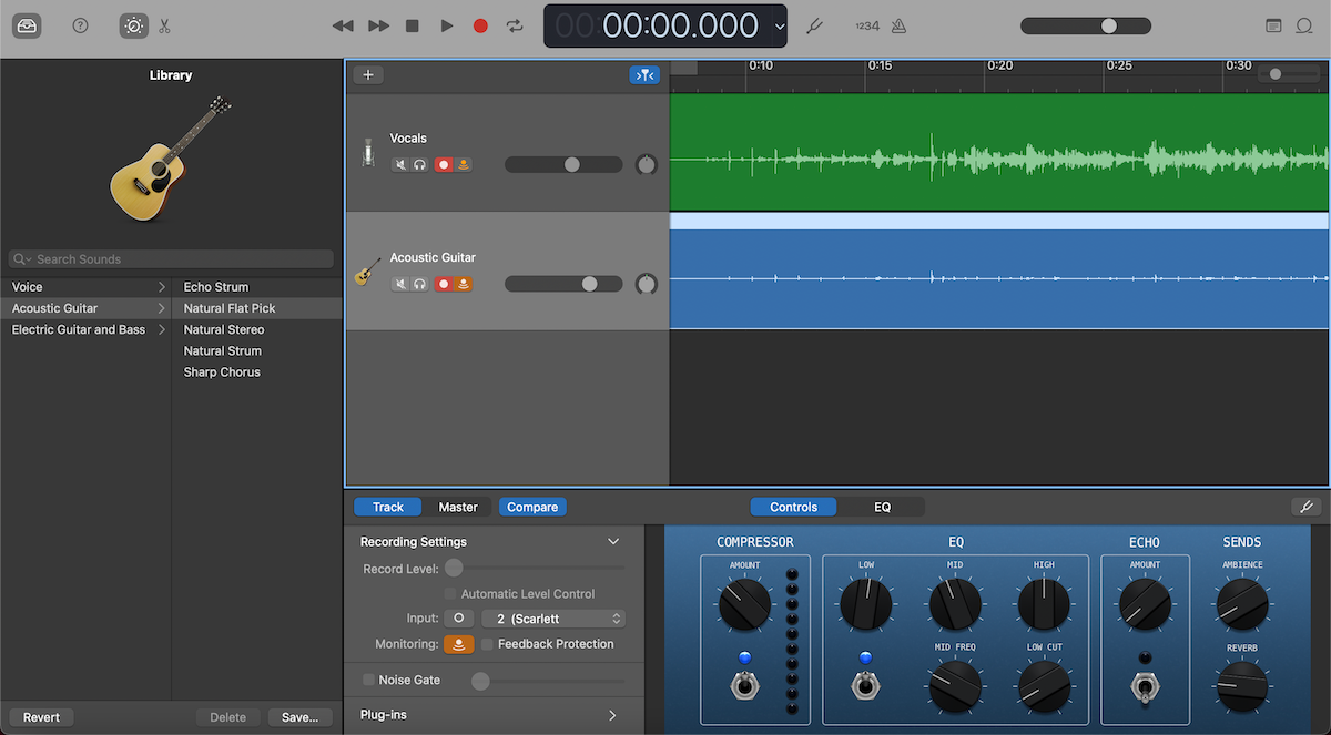 Recording two tracks on GarageBand using an audio interface (Scarlett 2i2)