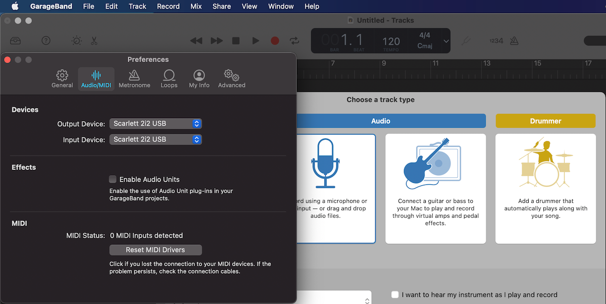 Eine Schritt-für-Schritt-Anleitung zum Aufzeichnen von Vocals in GarageBand für Mac - garageband preferences selecting audio interface