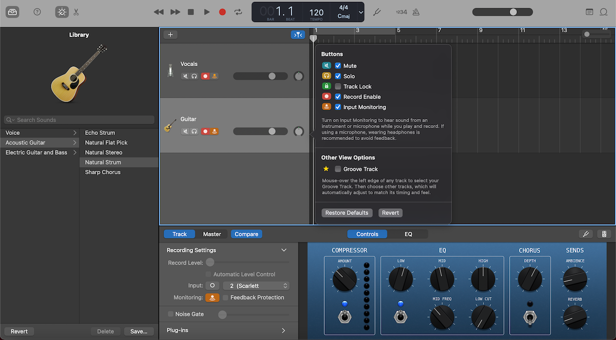 Recording two audio inputs at once using an audio interface (Scarlett 2i2) on GarageBand
