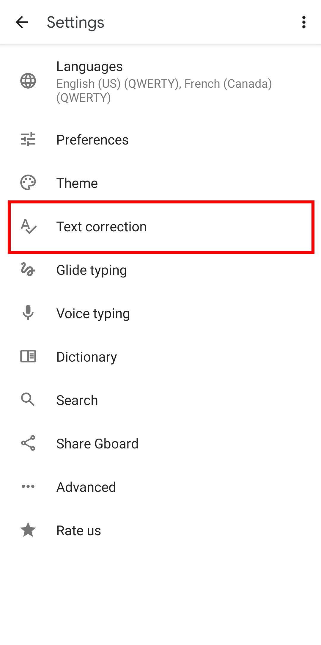Gboard settings menu with Text Correction highlighted