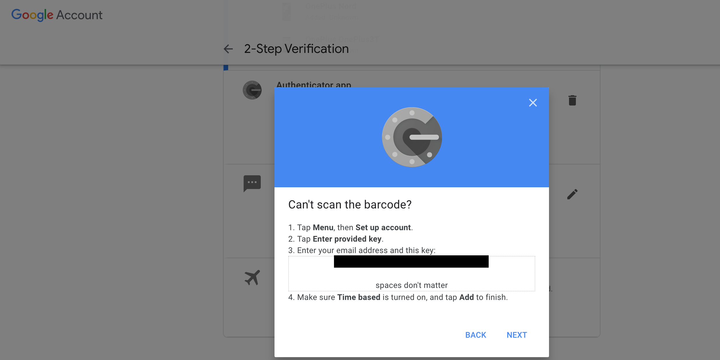 Generate a secret key for your Google account