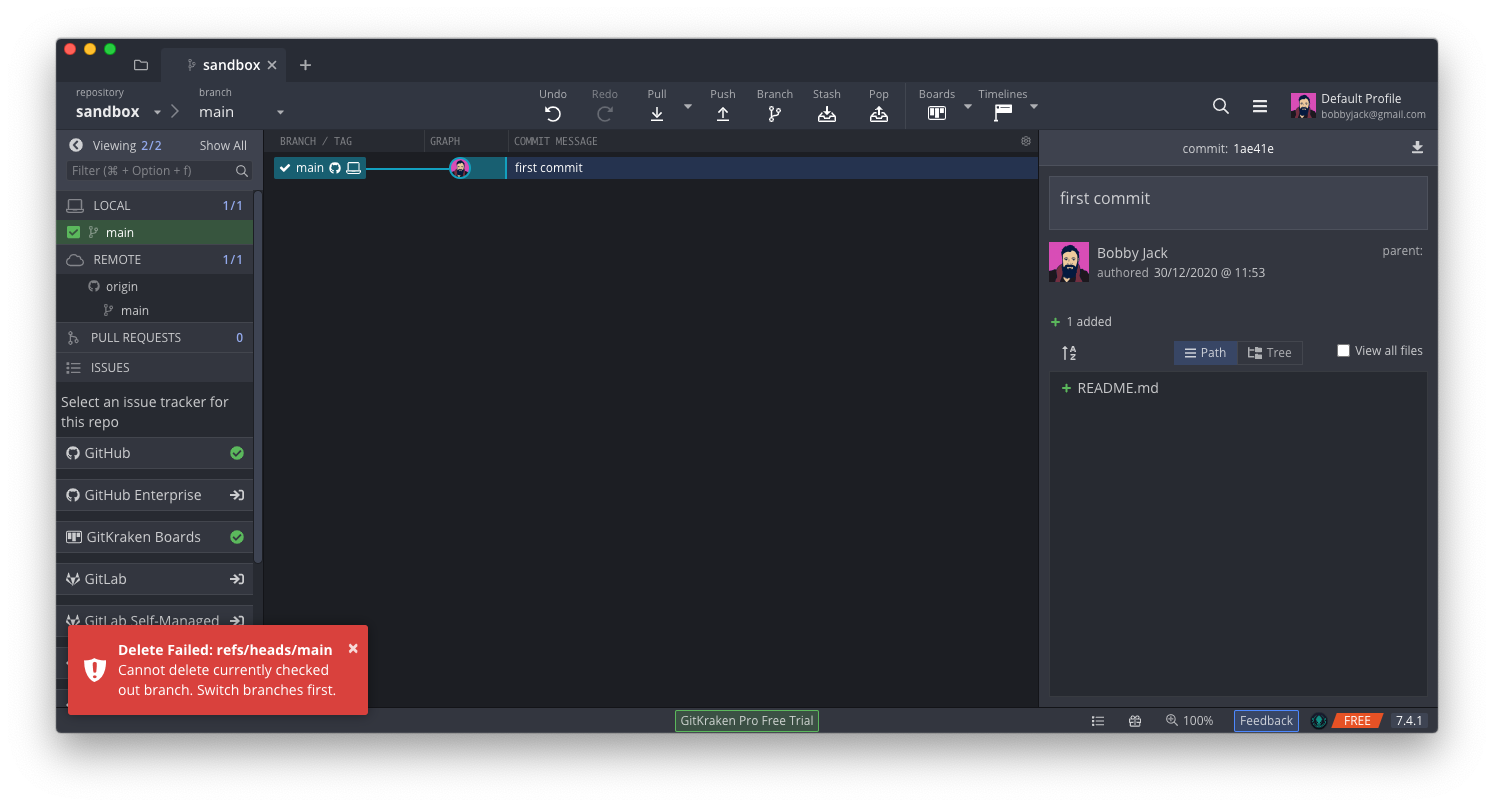 A screenshot of GitKraken showing an error when attempting to delete the current branch