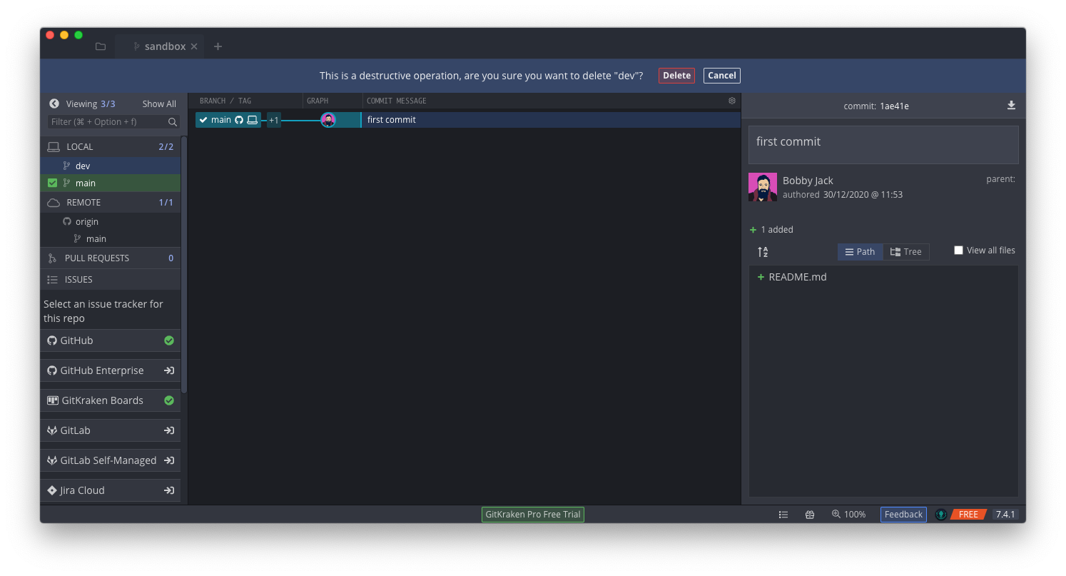 A screenshot of GitKraken showing a warning when attempting to delete a branch
