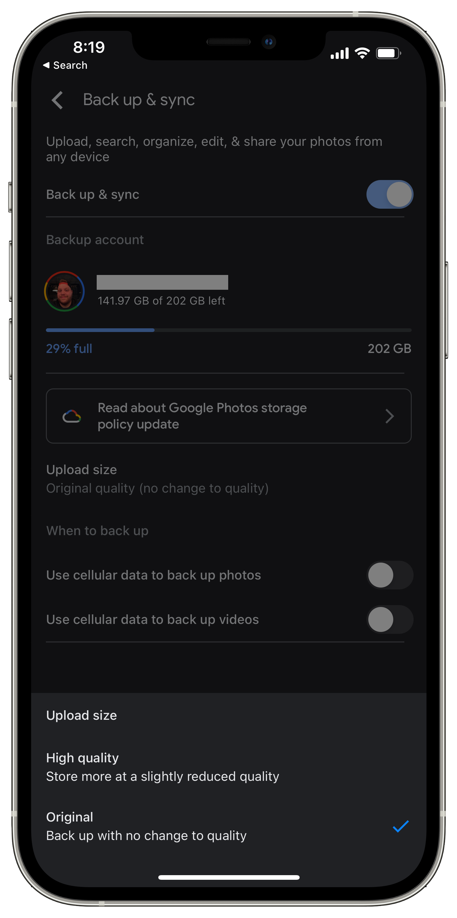 Upload Size options in Google Photos app