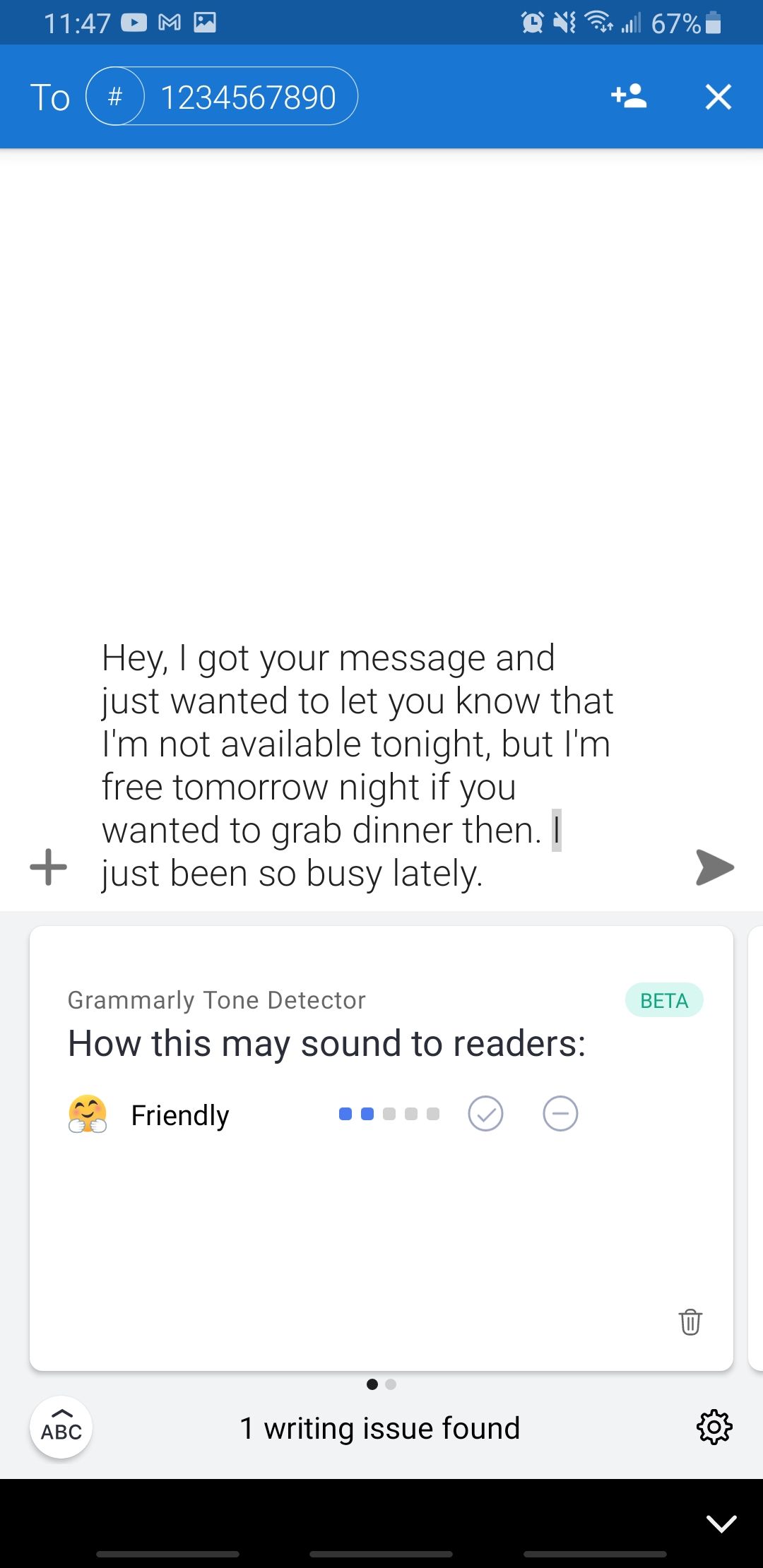 grammarly app detecting a friendly tone