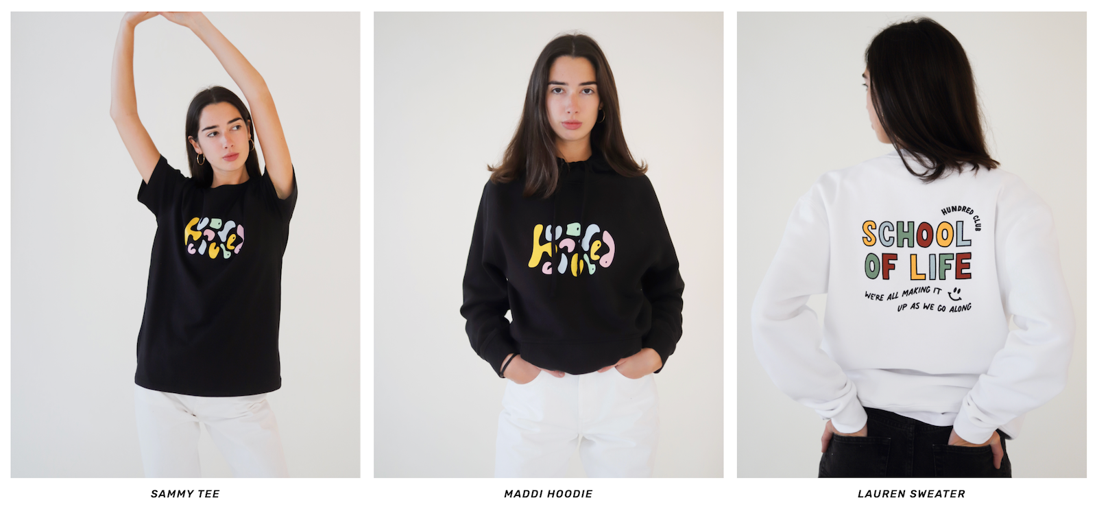 Hundred Club clothing, showing a black tee and black hoodie with a front designs and a white sweater with a back design.
