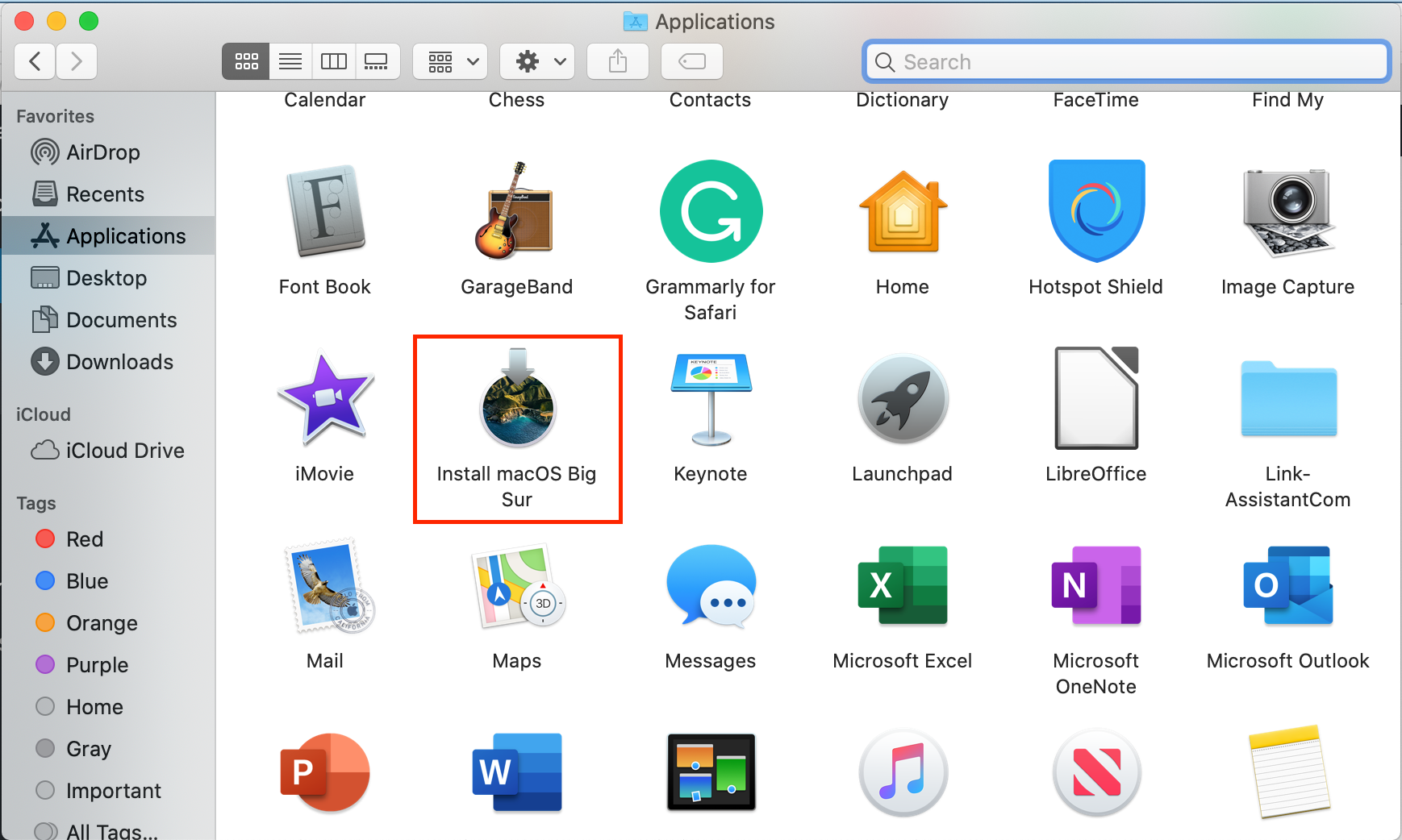install macOS Big Sur app in the Applications folder
