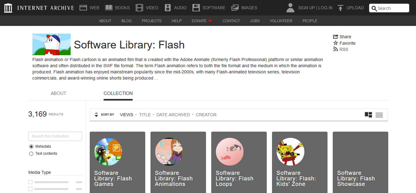  Una captura de pantalla de la página de la biblioteca flash de Internet Archive