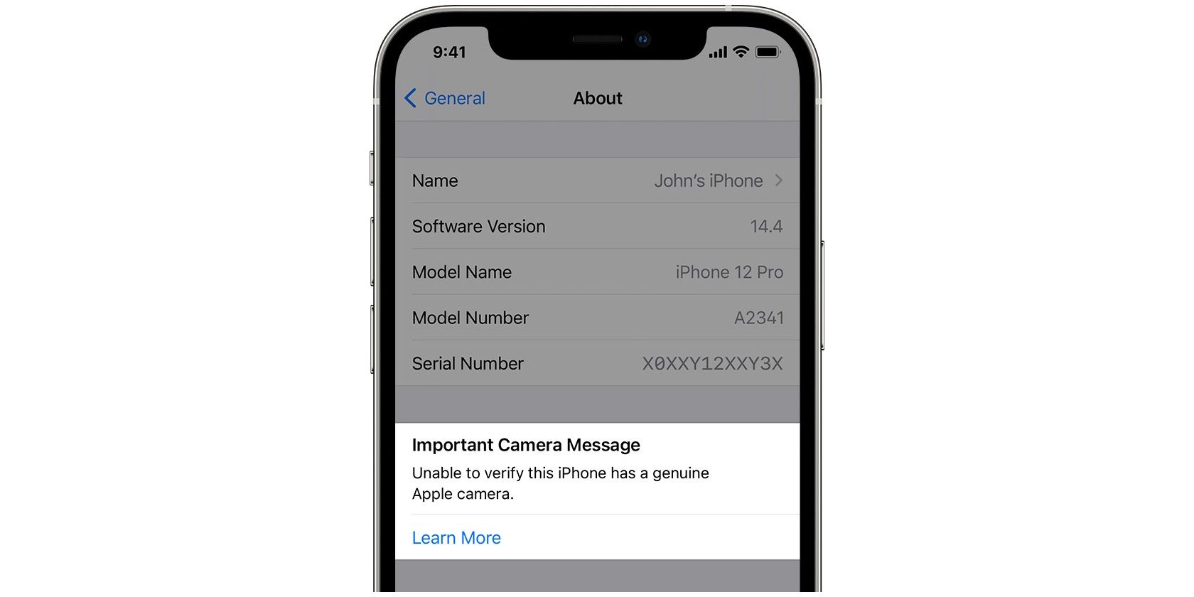 A screenshot showing a warning in the Settings app on iOS 14 about a non-Apple camera detected in the iPhone