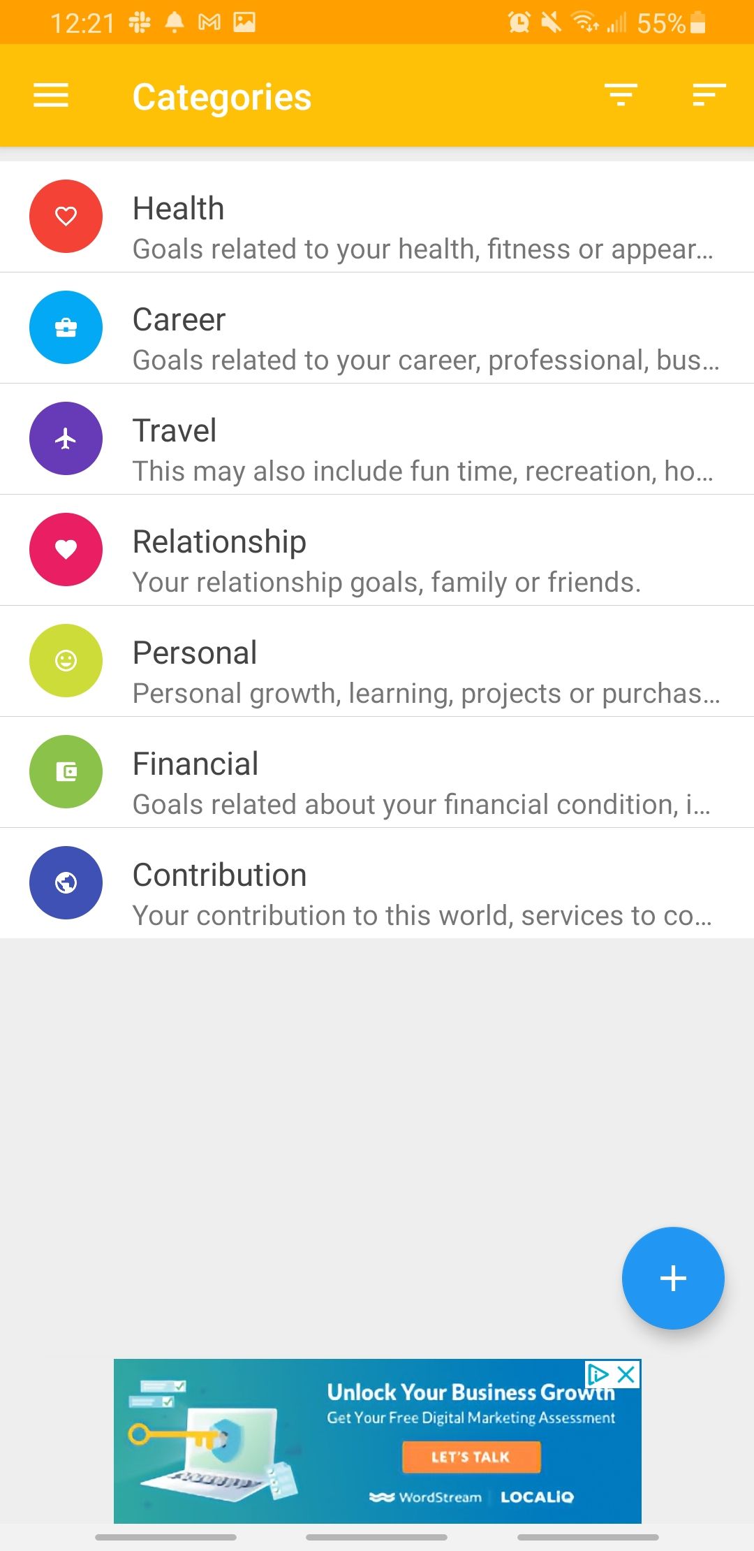 lifetime goals app categories