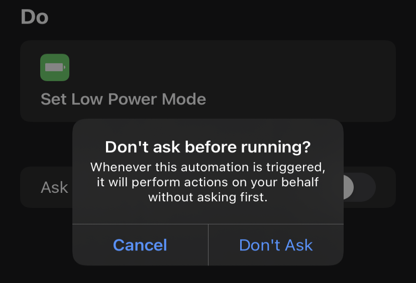 Don't ask before running low battery mode