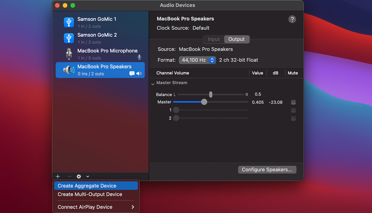 The Audio MIDI Setup utility on a Mac, selecting the option to "Create Aggregate Device"