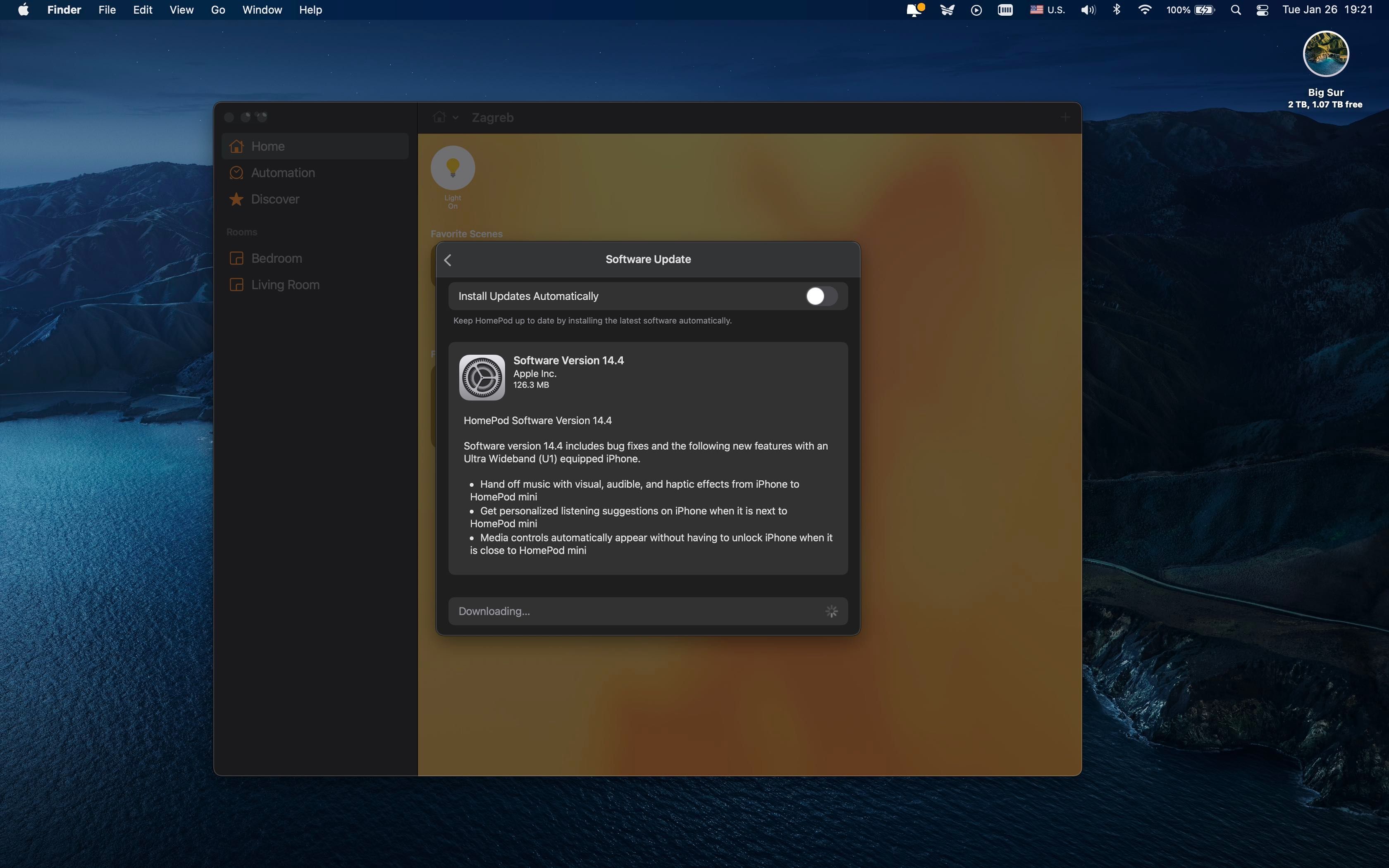 A Mac screenshot showing the Home app with the HomePod software 14.4 update prompt displayed