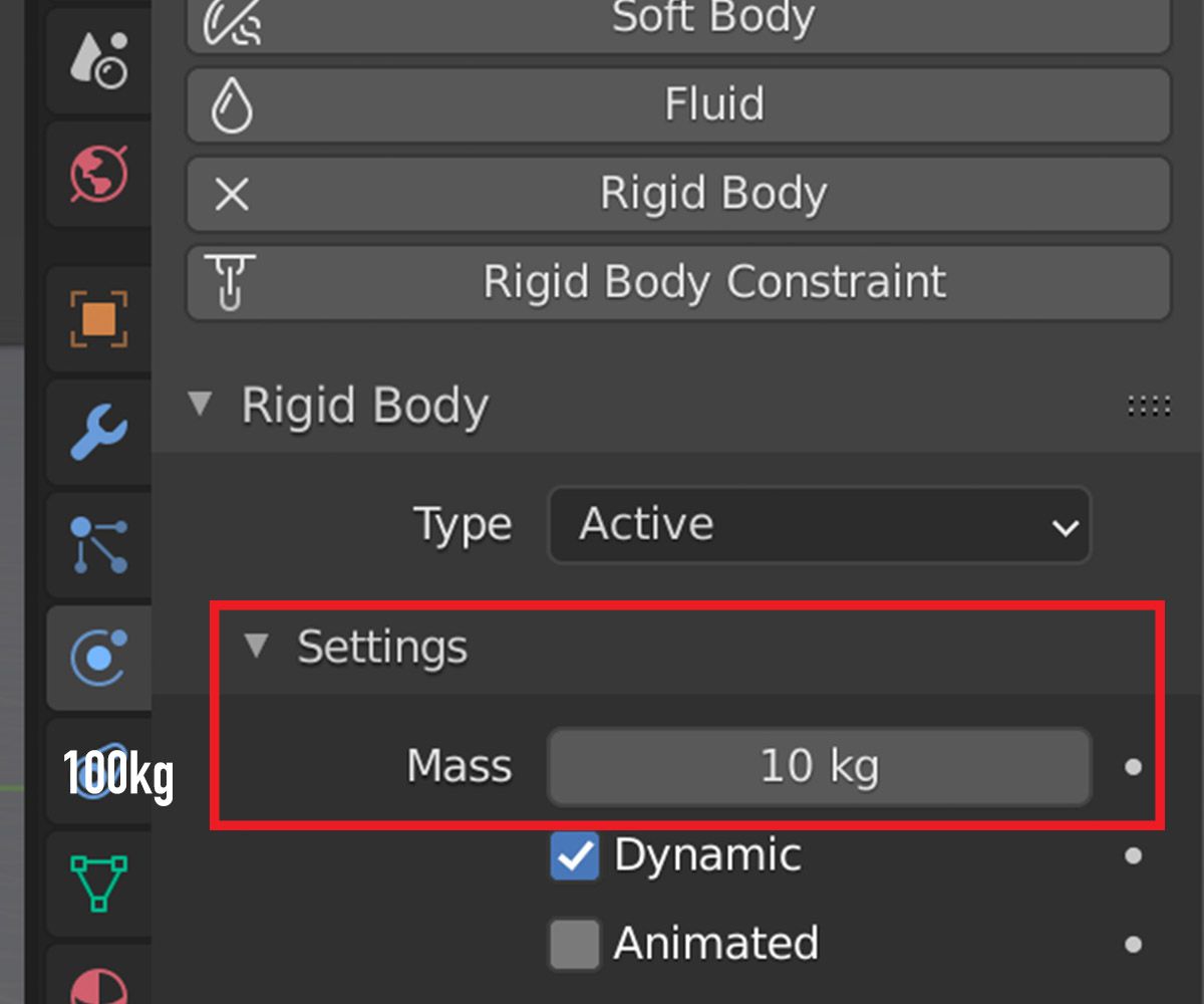 Mass settings for physics in Blender