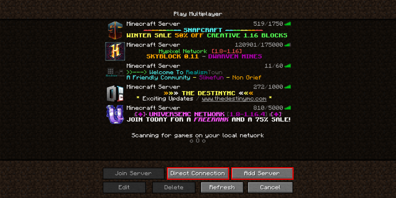 Minecraft multiplayer server list