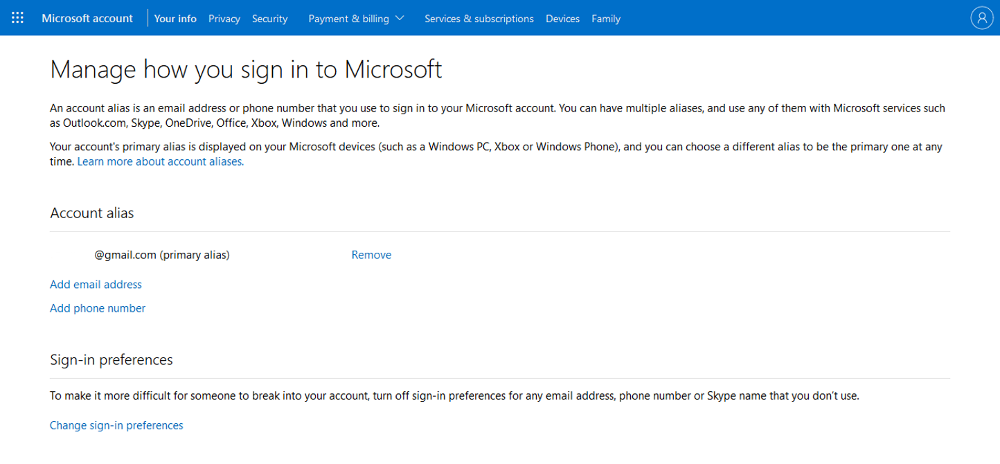 A screenshot of a Microsoft account Manage how you sign in to Microsoft page