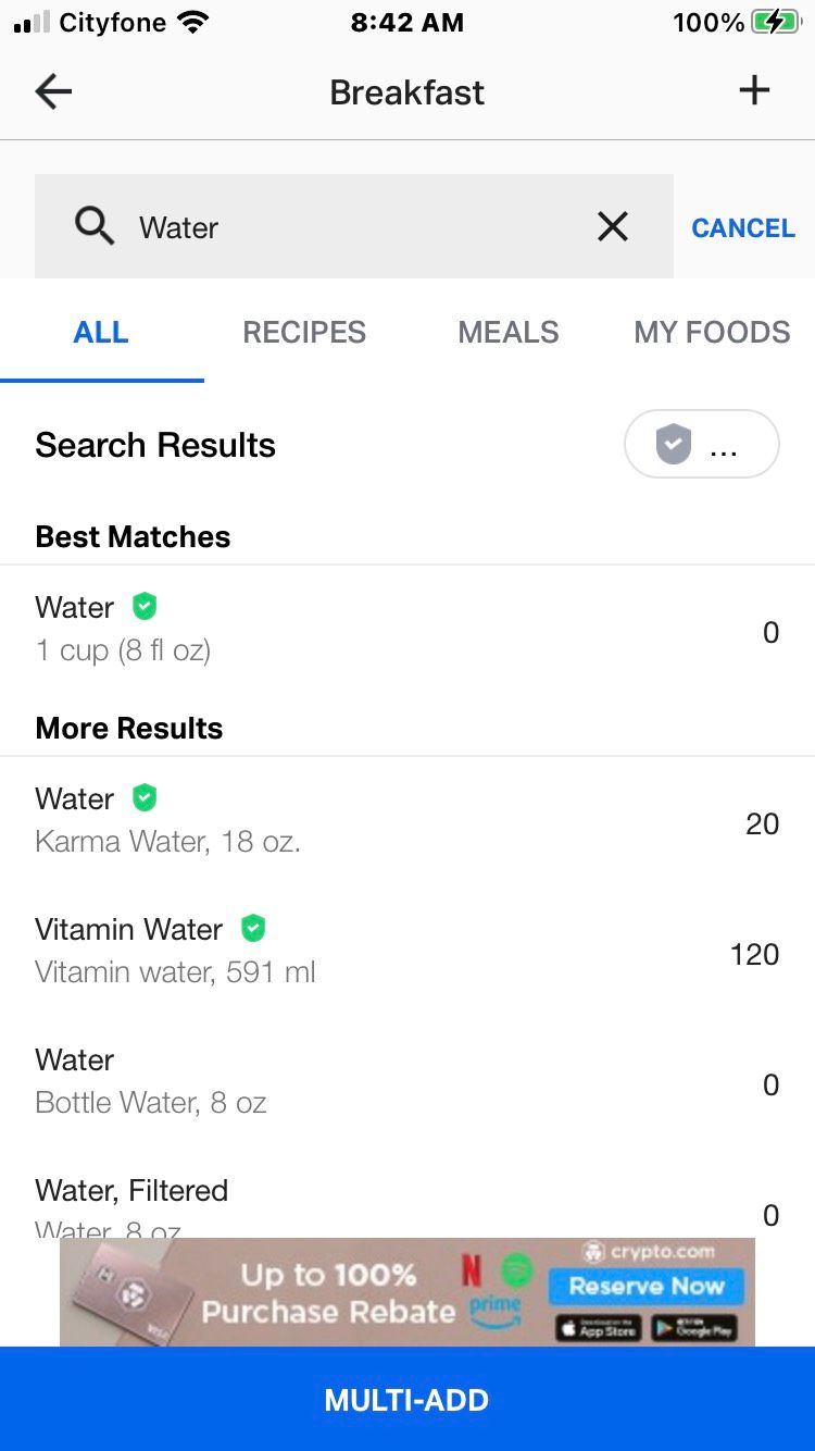 myfitnesspal Water Search Screenshot
