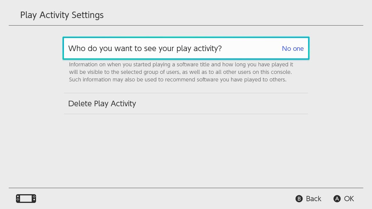 A screenshot showing Nintendo Switch Play Activity Settings