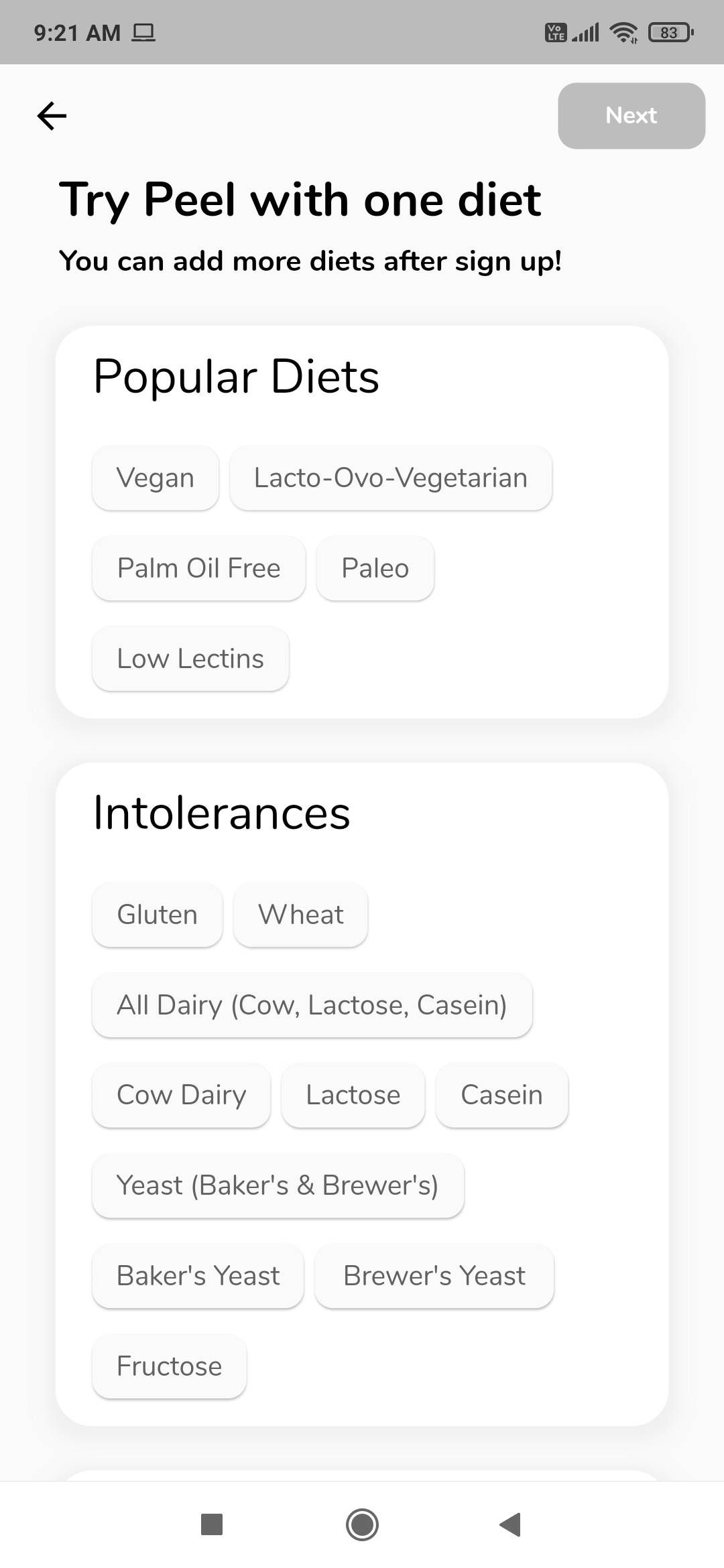 Choose from popular dietary preferences and intolerances on Peel