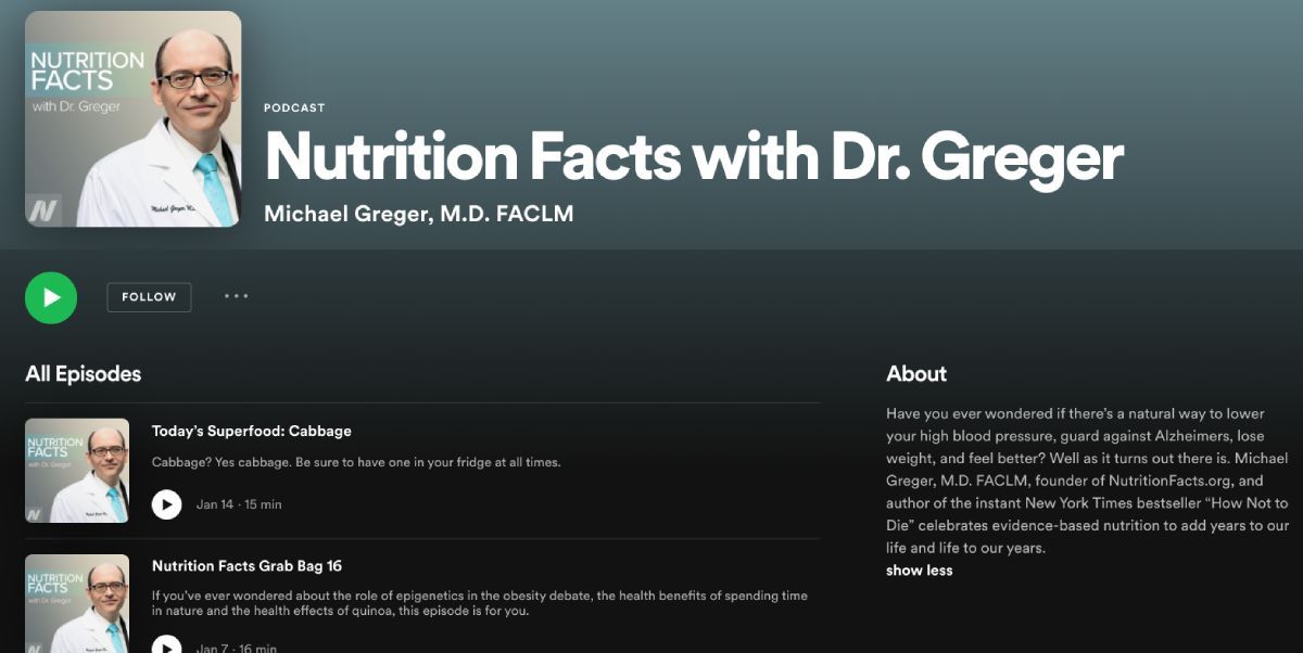 In his weekly podcast, Dr. Michael Greger delivers nutrition facts and health advice in short 15 minute segments