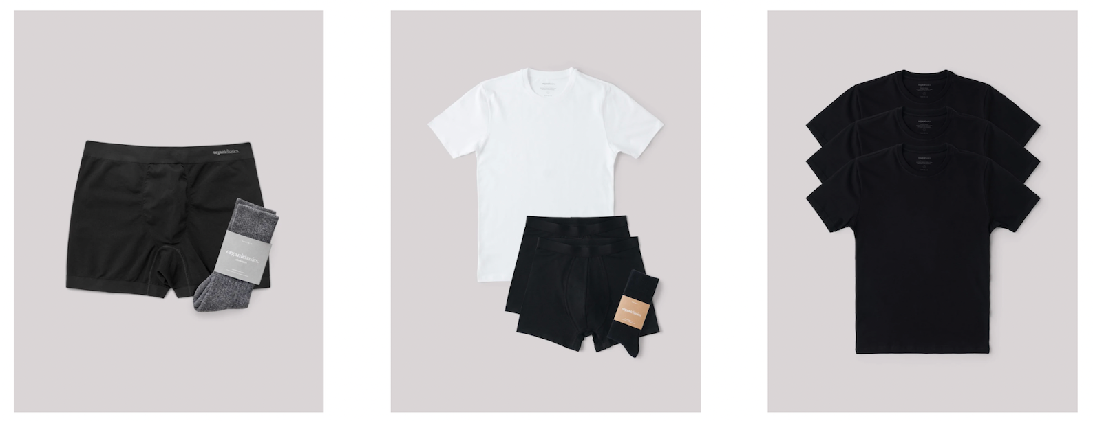 Organic Basics clothing featuring boxers, socks, and t-shirts, both black and white.